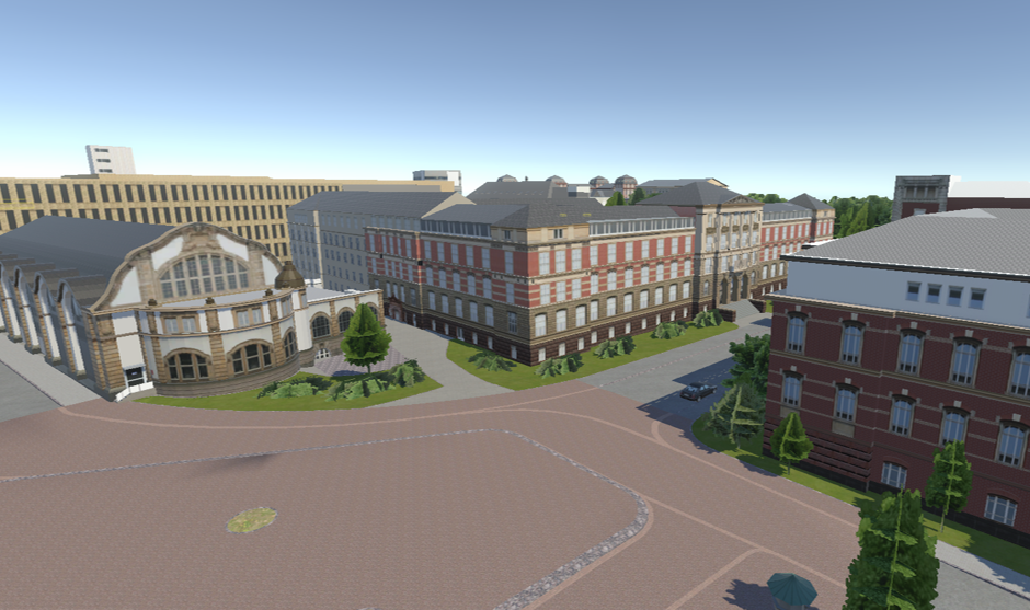 3D-Stadtmodell: Ansicht eines Platzes mit umgebenden Gebäuden